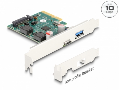 Delock PCI Express x4 Card to 1 x external USB 10 Gbps Type-C™ female + 1 x external USB 10 Gbps Type-A female - Low Profile For