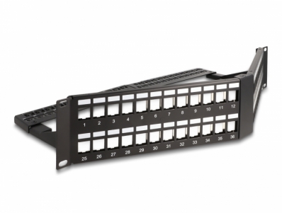 Delock 19″ Keystone Patch Panel 48 port with strain relief 2U angled black