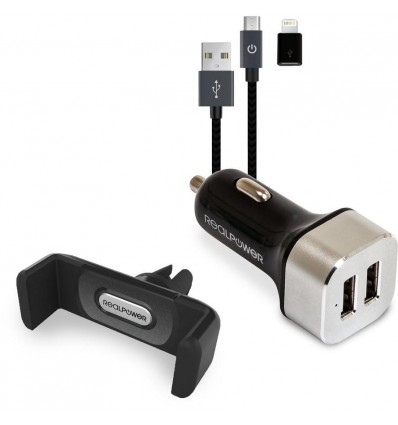 RealPower KFZ-Ladegerät Set + Kabel + Halterung Smartphone