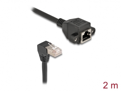 Delock Network Extension Cable S/FTP RJ45 plug 90° angled to RJ45 built-in jack Cat.6A 2 m black