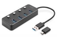 Digitus USB 3.0 Hub, 4-port, schaltbar, Aluminium Geh