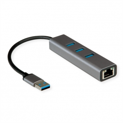 ROLINE USB 3.2 Gen 1 to Gigabit Ethernet Converter + Hub 3x