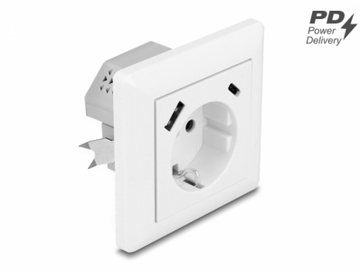 Delock Wall Socket with two USB Charging Ports, 1 x USB Type-A and 1 x USB Type-C™ with PD 3.0, 18 W