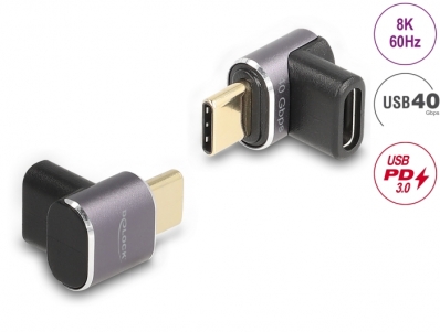 Delock USB Adapter 40 Gbps USB Type-C™ PD 3.0 100 W male to female angled 8K 60 Hz metal compact