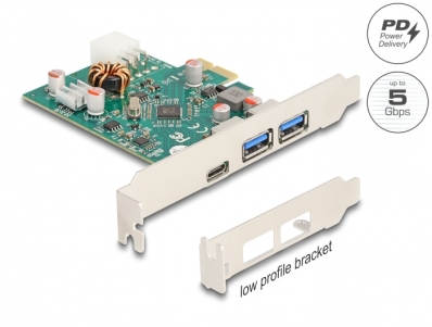 Delock PCI Express x1 Card to 1 x external USB Type-C™ female PD 30 W + 2 x external USB Type-A female USB 5 Gbps