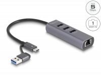 Delock 3 Port USB 5 Gbps Hub + Gigabit LAN with USB Type-C™ or USB Type-A connector in metal case