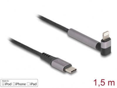Delock Data and Charging Cable USB Type-C™ to Lightning™ for iPhone™, iPad™, iPod™ angled with stand function black 1.5 m MFi