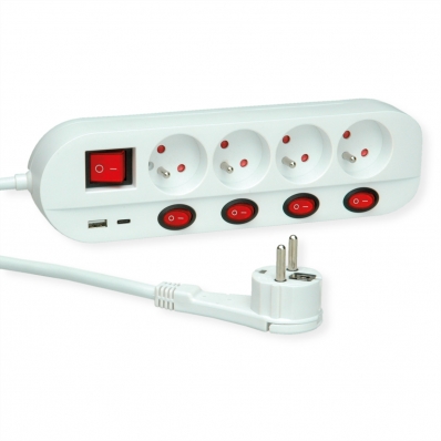 ROLINE Power Strip, 4-way, UTE, with individual on/off switches, 1x USB A, 1x USB C, 1.5 m