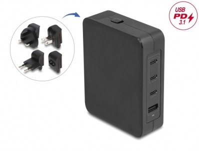 Delock USB GaN Charger 3 x USB Type-C™ PD 3.1 and 1 x USB Type-A with 145 W including power adapter for EU / US / UK