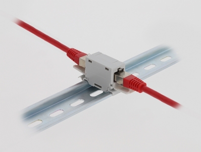 Delock RJ45 Coupler Cat.6A jack to jack with dust protection cap for DIN rail mounting grey