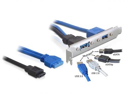 Delock Slot bracket USB 3.0 pin header 19 pin + SATA 7 pin internal 1 x USB 3.0-A + 1 x Multiport external
