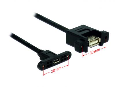 Delock Cable USB 2.0 Micro-B female panel-mount USB 2.0 Type-A female panel-mount 25 cm