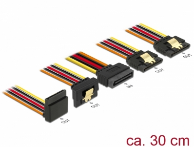 Delock Cable SATA 15 pin power plug with latching function > SATA 15 pin power receptacle 2 x straight / 1 x down / 1 x up 30 cm