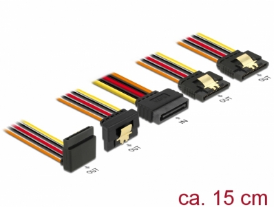 Delock Cable SATA 15 pin power plug with latching function > SATA 15 pin power receptacle 2 x straight / 1 x down / 1 x up 15 cm