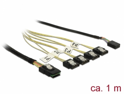 Delock Cable Mini SAS SFF-8087 > 4 x SATA 7 pin + Sideband 1 m metal