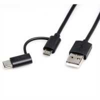 ROLINE Cable USB Micro B + Type C M/M to USB2.0 A M, OTG, black, 1.0 m