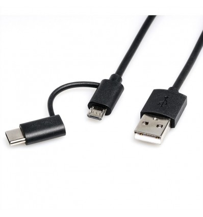 ROLINE Cable USB Micro B + Type C M/M to USB2.0 A M, OTG, black, 1.0 m