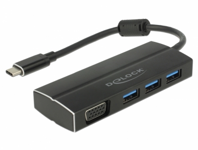 Delock USB 3.1 Gen 1 Adapter USB Type-C™ to 3 x USB 3.0 Type-A Hub + 1 x VGA (DP Alt Mode)