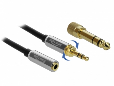 Delock Stereo Jack Extension Cable 3.5 mm 3 pin male to female with 6.35 mm screw adapter 1 m