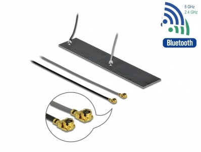 Delock WLAN 802.11 ac/ax/a/h/b/g/n Twin Antenna 2 x MHF® I plug 2.2 – 4.0 dBi 2 x 15 cm PCB internal self adhesive