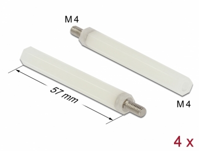 Delock Standoff M4 x M4, hexagon, inside / outside, 57 mm natural 4 pcs