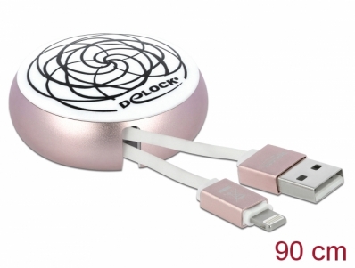 Delock USB 2.0 Retractable Cable Type-A to Lightning™ 8 pin white / pale pink