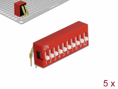 Delock DIP sliding switch 10-digit 2.54 mm pitch THT angled red 5 pieces