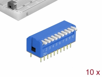 Delock DIP flip switch piano 10-digit 2.54 mm pitch THT vertical blue 10 pieces