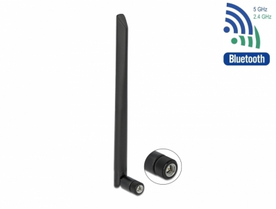 Delock WLAN 802.11 ac/ax/a/b/g/n Antenna RP-SMA plug 5 dBi 20 cm omnidirectional with tilt joint flexible and rubber surface bla