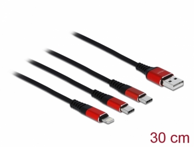 Delock USB Charging Cable 3 in 1 Type-A to Lightning™ / 2 x USB Type-C™ 30 cm