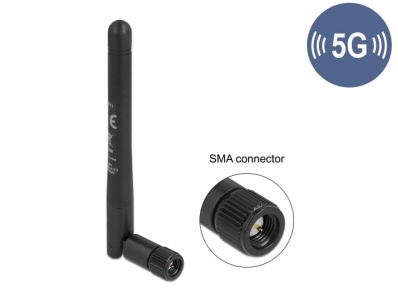 Delock 5G 3.3 - 5.0 GHz Antenna SMA plug -1.0 - 4.5 dBi 10.9 cm omnidirectional with tilt joint and flexible material black