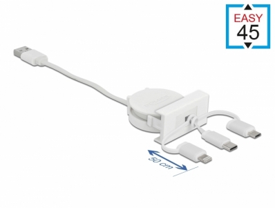 Delock Easy 45 Module USB 2.0 3 in 1 Retractable Cable USB Type-A to USB-C™, Micro USB and Lightning white