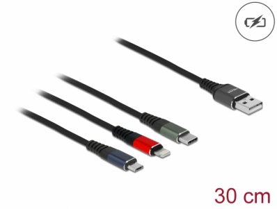 Delock USB Charging Cable 3 in 1 for Lightning™ / Micro USB / USB Type-C™ 30 cm 3-coloured