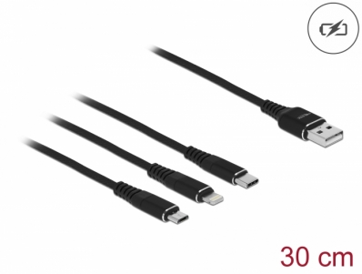 Delock USB Charging Cable 3 in 1 for Lightning™ / Micro USB / USB Type-C™ 30 cm black