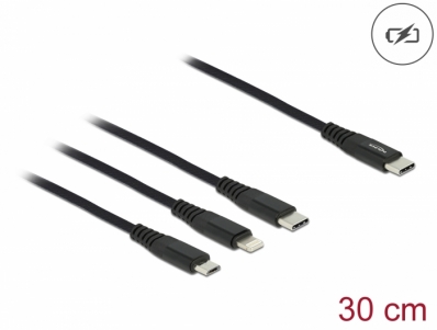 Delock USB Charging Cable 3 in 1 USB Type-C™ to Lightning™ / Micro USB / USB Type-C™ 30 cm