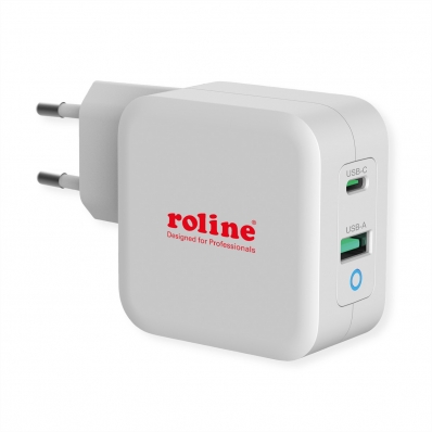 ROLINE USB Wall Charger Euro Plug, 2 Ports, 1x QC3.0 + 1x C (PD), 65W