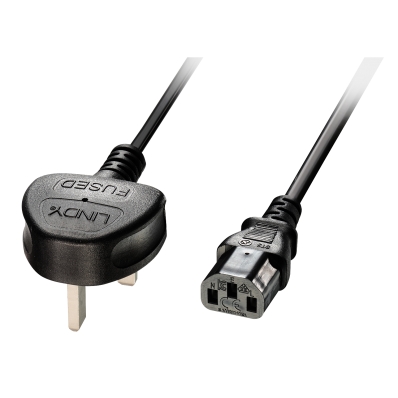 Lindy UK 3 Pin Plug to IEC C13 Mains Power Cable, 2m