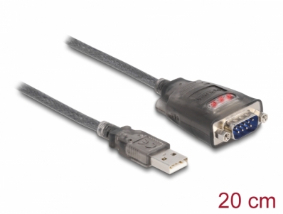 Delock Adapter USB 2.0 Type-A to 1 x Serial RS-232 D-Sub 9 pin male with nuts with 3 x LED 0.2 m