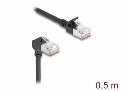 Delock RJ45 Network Cable Cat.6A S/FTP Slim 90° upwards angled / straight 0.5 m black