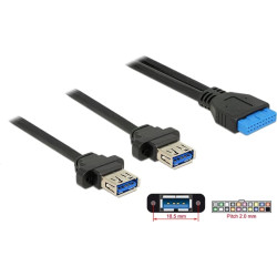 Delock Cable USB 3.0 pin header female 2.00 mm 19 pin > 2 x USB 3.0 Type-A female panel-mount 80 cm