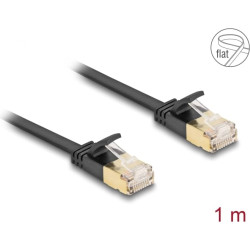Delock RJ45 Network Cable Cat.6A plug to plug with robust latch and Cat.7 raw flat cable U/FTP 1 m black