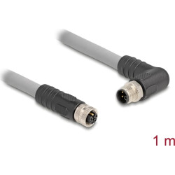 Delock M12 Cable L-coded 5 pin male right angled to female straight PUR suitable for drag chains 1 m grey