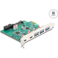 Delock USB 5 Gbps PCI Express x1 Card to 3 x external Type-A + 2 x external USB Type-C™ female and 1 x internal 19 pin USB pin header male