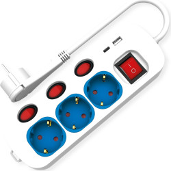 Roline Power Strip, 3-way, with individual on/off switches, 1x USB A, 1x USB C, 1.5 m