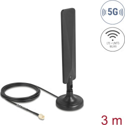 Delock 5G LTE Antenna SMA plug 3 dBi omnidirectional with connection cable RG-174 3 m with tilt joint with magnetic base black