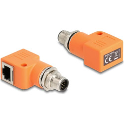 Delock M12 Adapter A-coded 8 pin male to RJ45 jack Cat.5e with mounting hole 90° angled orange
