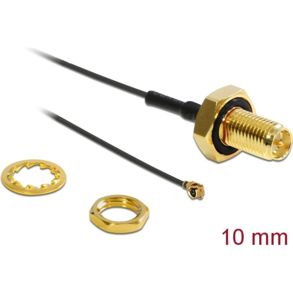 Delock Antenna Cable RP-SMA jack bulkhead to I-PEX Inc., MHF® I plug 1.13 10 cm thread length 10 mm splash proof