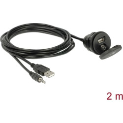 Delock Cable USB Type A male + 3.5 mm 4 pin stereo jack male > female bulkhead with closure cap USB Type A female + 3.5 mm 4 pin female (audio) 2 m black