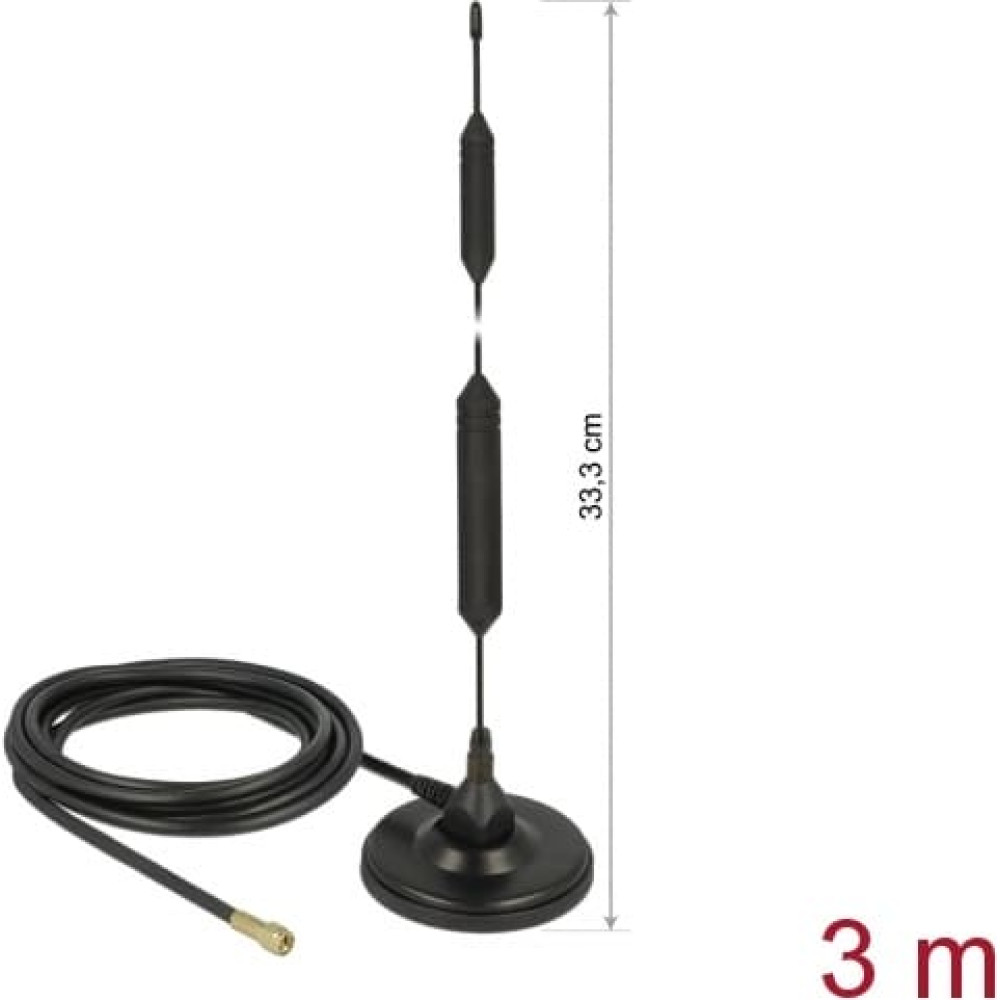 Delock GSM Antenna quadband SMA plug 5 dBi fixed omnidirectional with magnetic base and connection cable RG-58 3 m outdoor black