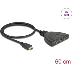 Delock HDMI Switch 3 x HDMI in to 1 x HDMI out 8K 60 Hz with integrated cable 60 cm
